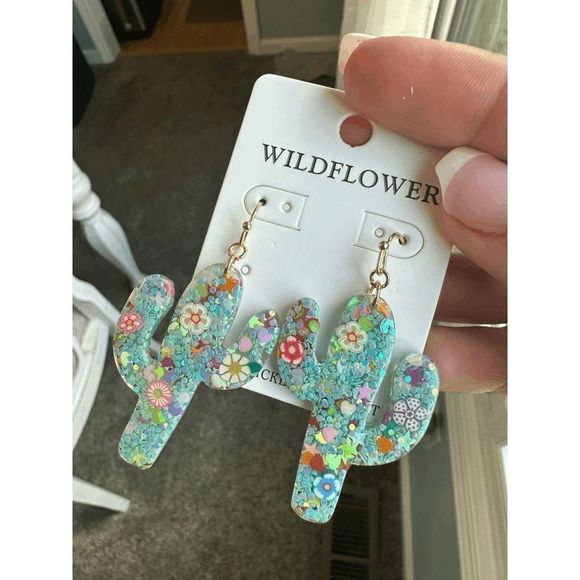 Turquoise "The Lauren" Cactus Acrylic Earrings - Picture 2 of 3